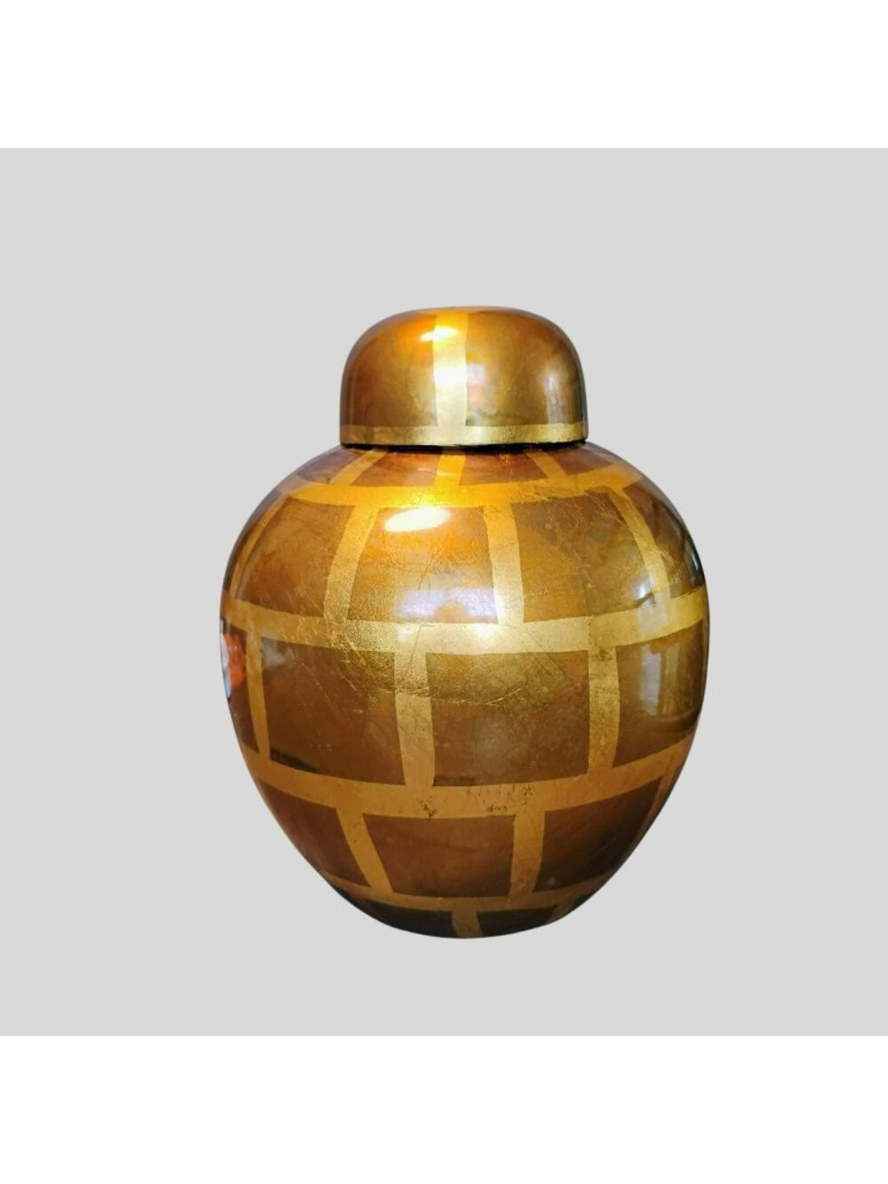 Vintage Gold Gilt Ceramic Ginger Jar w Lid, Geometric Pattern 10" Chinese Vase